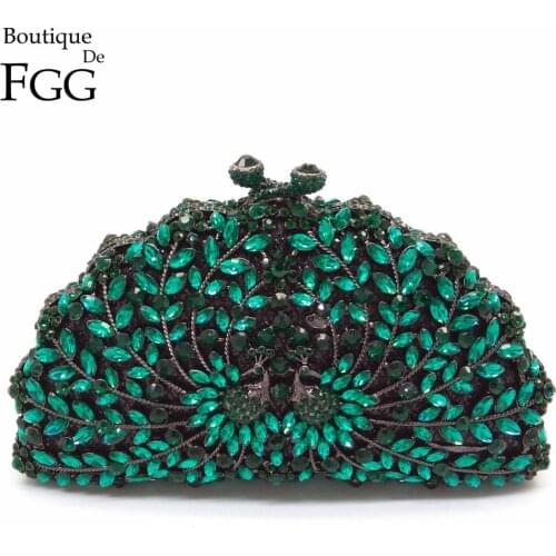 Boutique De FGG Green Peacock Women Evening Purses Wedding Cocktail Crystal Clutch Bag Bridal Diamond Minaudiere Handbags