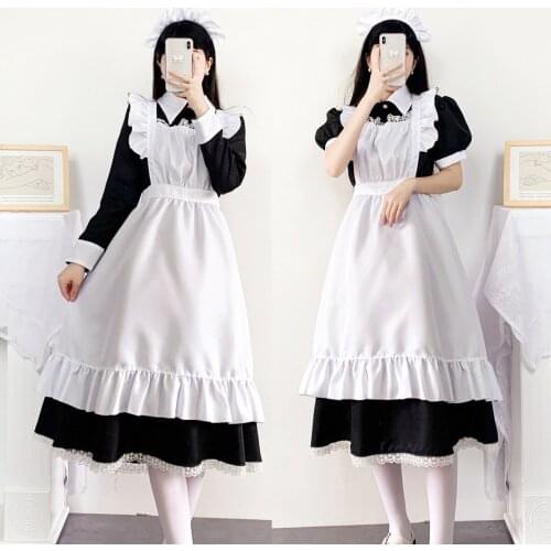 Women Cute Maid Dress Maid Outfit Apron Dress Cross Dressing Housekeeper Dress Japanese Uniforms Halloween Cosplay Costume
