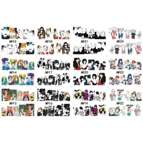 12 Sheets/Lot Nail A913-924 CITY Cartoon Girl Full Cover Nail Art Water Wraps Sticker Decal For Nail Tattoo (12 DESIGNS IN 1)