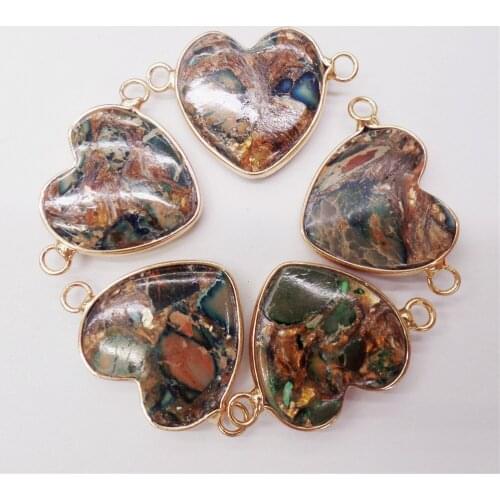 5Pcs 27x15x6mm Alloy Serging Blue&Brown Sea Sediment Jasper & Pyrite Love Heart Pendant DIY Jewelry Bracelet Accessories M468