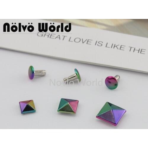 50-100 pieces,9X9mm 10X8mm 12X8mm high fashion rainbow finish 2 caps pyramid rivet fasten,dog leash straps rivets bags stud