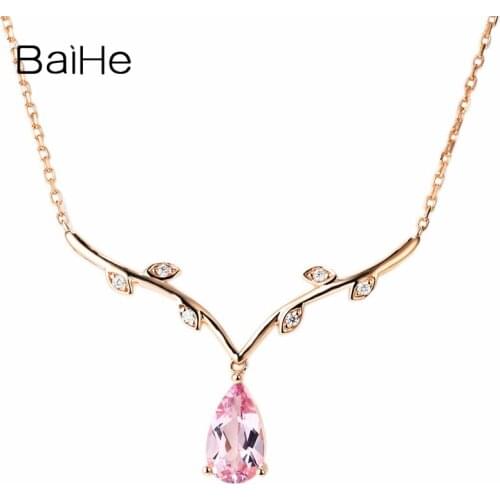 BAIHE Solid 18K Rose Gold 0.55ct Flawless Natural Morganite Women Fine Jewelry Anniversary Beautiful water drops Gift Necklaces