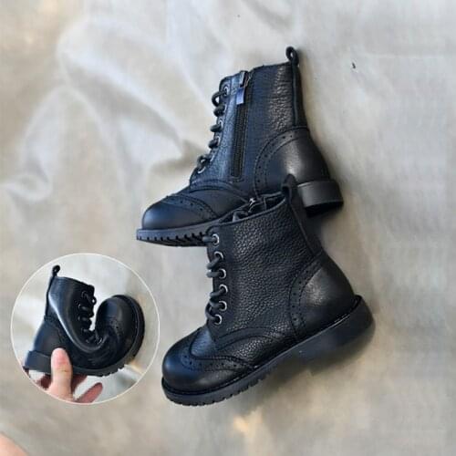 Dolakids Girl Princess Cowhide Boots Black Leather Shoes Martin Boots Fashionable Baby Cotton Boots Single Warm Leather Boots