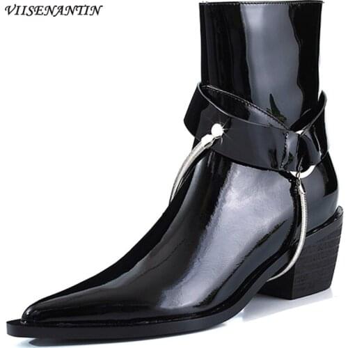 New Fashion Chain Cow Patent Leather Pointed Toe Thick High Heel Breathable Short Boots Luxury Designer Autumn Shoes for Women
