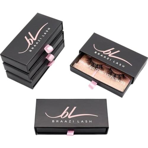 Black Rectangular Drawer Eyelash Box Fluffy Mink Eyelashes Wholesale Lashes with Case Custom Lashbox Packaging With Logo