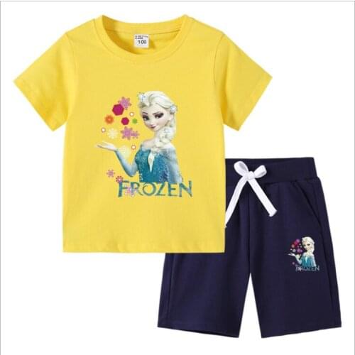 Disney childrens frozen elsat T-shirt summer new childrens wear cotton childrens short sleeve pants two piece suit