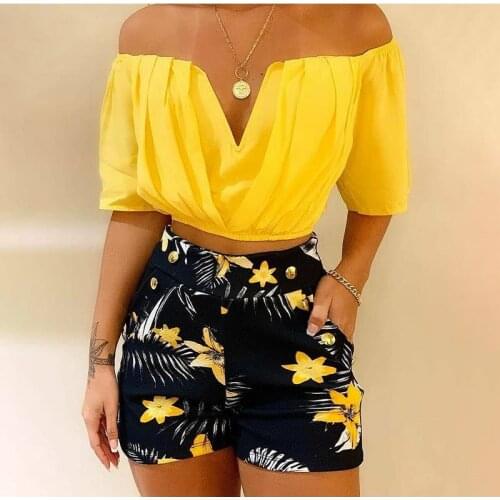 Women Two Pieces Set Off Shoulder Blouse Floral Printed Shorts Lady Beach Suits 2021 Summer Female Boho Sexy Shorts Sets Yellow