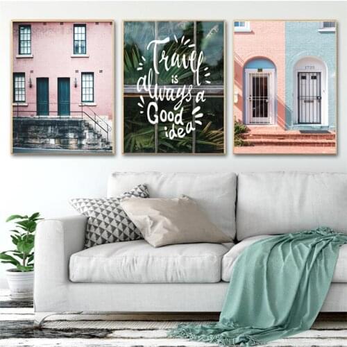 SVITY Pink house Canvas Painting Landscape Wall Art Posters and Prints Nordic Decoration Wall Pictures for Living Room FA712