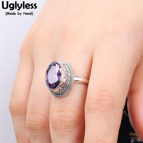 Uglyless Island Wind Faceted Purple Crystals Rings for Women Exotic Big Size Crystals Jewelry Thai Silver 925 Silver Rings Retro