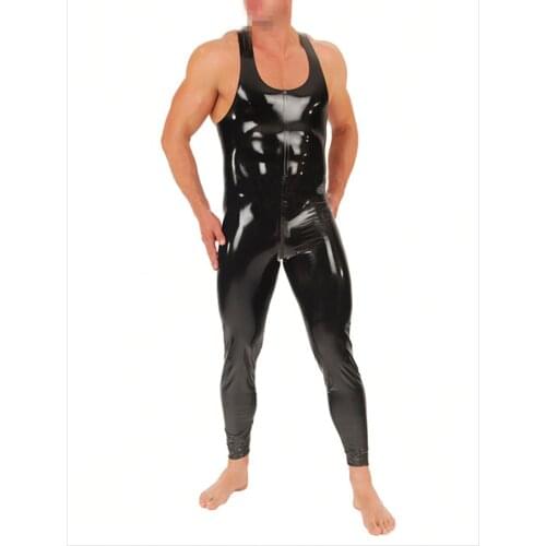 Latex Catsuit Men T-shirt Body Suits Rubber Latex Sleeveless Club Wear Bodysuit