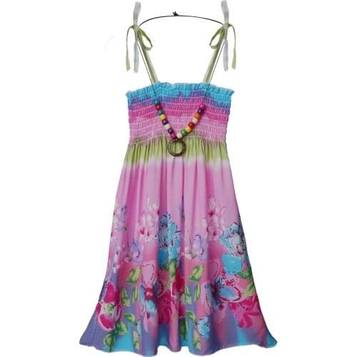 Summer Girls Bohemian Dresses Kids Party Princess Dress For Girls Floral Sleeveless Rainbow Beach Sundress With Necklace 3-12T