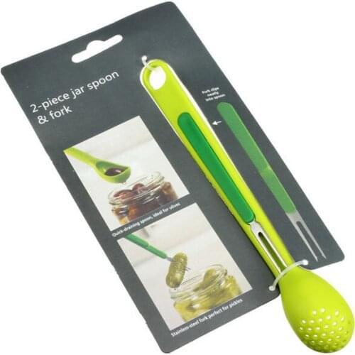 2 in 1 canned juice filter spoon long handle filter stainless steel fruit fork kitchen tools silica gel spoon