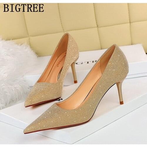 Fashion Gold Shoes Glitter Heels Pointed Heels Designer Shoes Women Luxury 2021 Wedding Shoes Ladies Heels Zapatos De Mujer 2021