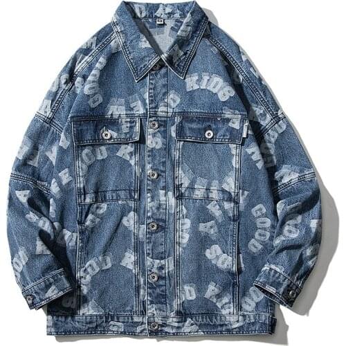 Men denim jacket spring autumn loose fashion fat letter jJeans Coats youth Streetwear Hip Hop Plus Size Long Sleeve Outerwear