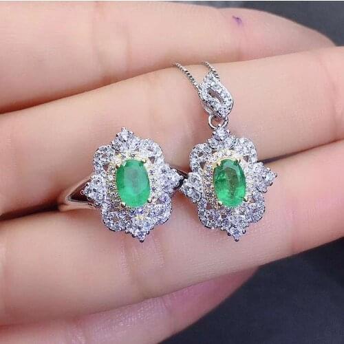 Real Natural Emerald jewelry set Natural Real Emerald 925 sterling silver 1pc pendant,1pc ring