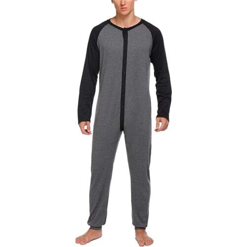 New Sleepwear Long Sleeve Colorblock Patchwork One Piece Pajamas Casual Homewear Nightgown Men Buttons Up Jumpsuit Nightwear
