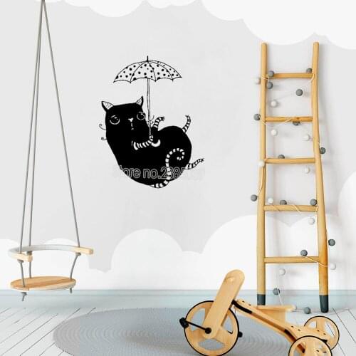 New Arrivals Cat With Umbrella Wall Sticker For Kids Room Vinyl Cute Mural Home Decor Removable Baby Nursery Wallpaper Hot LC192