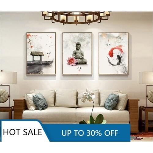 New Chinese Ink Flowers Buddha Wall Art Print Picture Canvas Painting Poster for Living Room Christmas Home Decoration