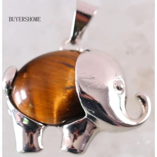 Pendant Necklace&Earrings Jewelry Set Natural Stone Bead Golden Tigers Eye Elephant Jewelry Gift for Women1Set K350