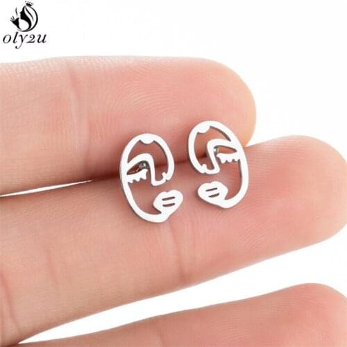 Punk Human Face Stud Earrings for Women Retro Abstract Art Hollow out Small Statement Stainless Steel Earring Exquisite Gift