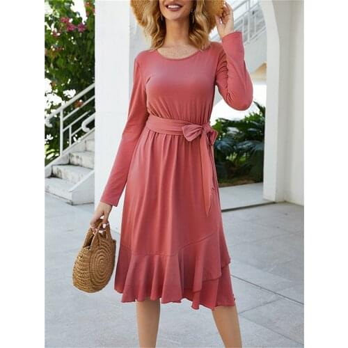 Pdfmily 2020 Red Casual Dresses Women Spring High St Solid Slim O-Neck Long Sleeve Belt Ruffles A Line Midi Dress With 3 Colors