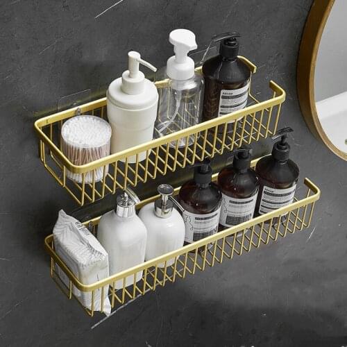 Brushed Gold Aluminum Bathroom Shelf Basket Soap Cosmetic Shower Shampoo Shelf Storage Rack Nail Punched Wall Mounted 30-50CM