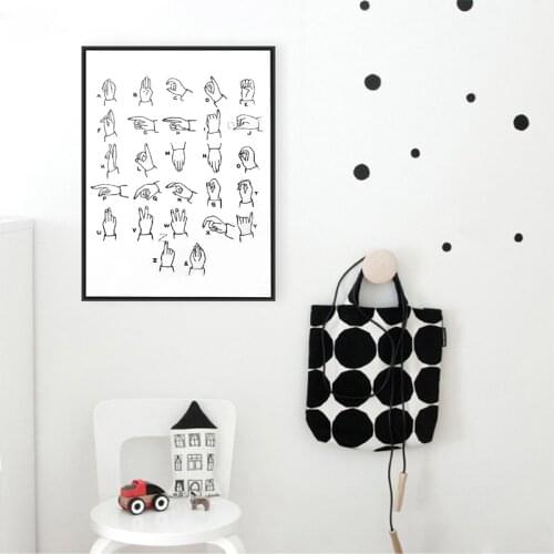 Alphabet Sign Language Poster Prints Nursery Wall Art Decor Black and White Vintage Illustration Hand Signs Canvas Painting
