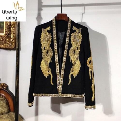 Luxury Court Style Wedding Suit Coat Men Handmade Beading Collar Embroidered Slim Blazer Male Streetwear Hip Hop Outerwear S-XL