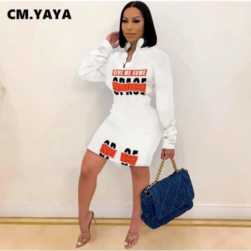 CM.YAYA Women Letter Print Zipper Up Long Sleeve Midi Dress for Sporty Outdoor Fashion Mini Dresses Winter Spring