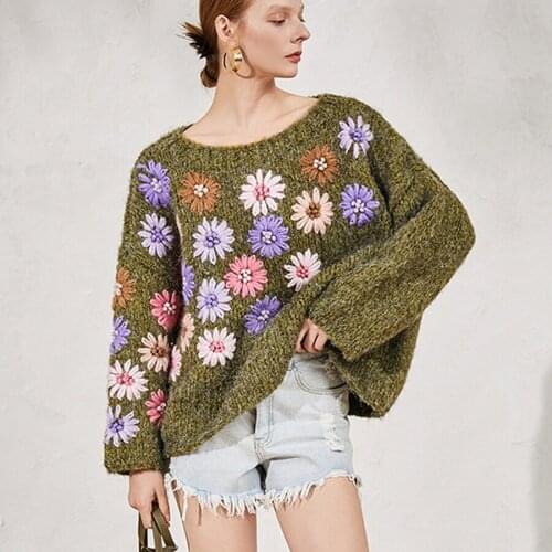 TEELYNN oversize boho sweater pullover hand-made floral embroidery sweater long sleeve winter women sweater warm loose sweaters
