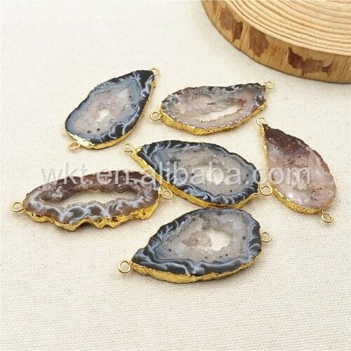 WT-C174 Hot sale slice geode quartz connector for jewelry making, gold color druzy stone pendants for women