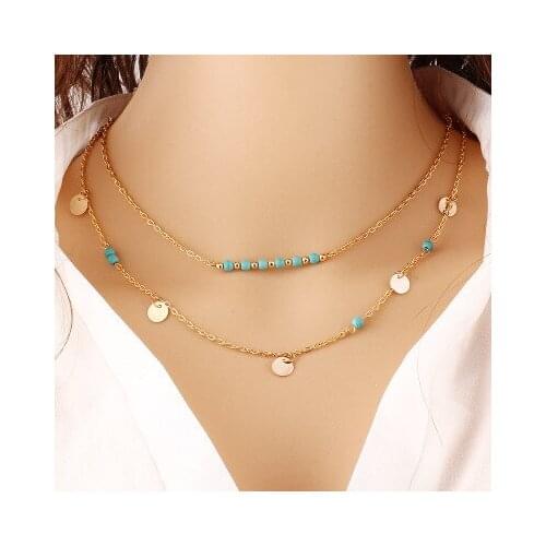 Occident Fashion Jewelry Green Stone Clavicle Chain Double Necklace Round Alloy Sequins Pendant Necklace for Women