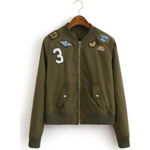 Spring And Autumn Womens Jacket European And American Style 2018 Fashion Army Green Sticker Badge Womens Short Jacket