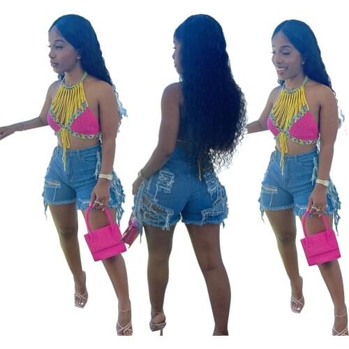 2021 New Summer Womens Pure Color Temperament Commuter Fashion Casual Summer Ripped Hole Washed Tassel Denim Shorts