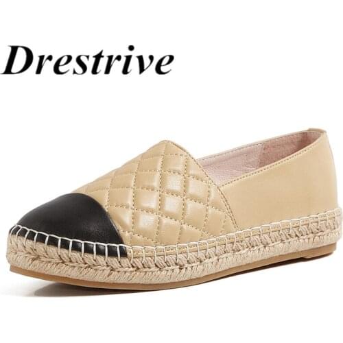 Drestrive Full Genuine Leather Women Flats Round Toe 2021 Spring Casual Shoes Black Loafers Patchwork Shallow Pumps