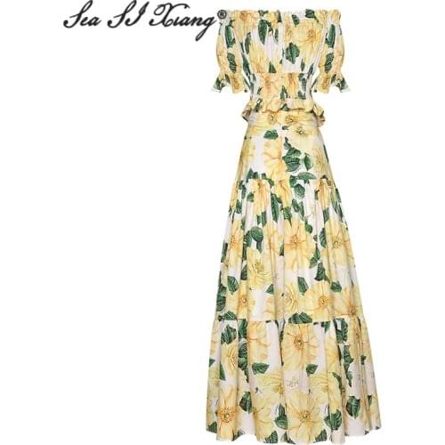 Seasixiang Fashion Designer Summer Suit Women Slash neck Flare Sleeve Ruffles Short Tops + High Waist Maxi Skirt Two Piece Set