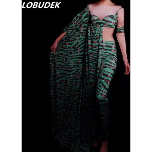 Green Printing Splice Stretch Skinny Jumpsuit Female Singer Performance Dance Show Costume Sexy Bar Stage Wear Nightclub Leotard