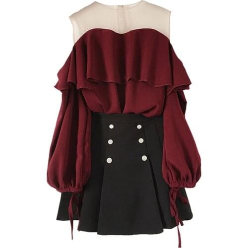 Korean Plus size womens autumn suit lovely off-the-shoulder top +short skirt two-piece Kawaii girls streetwear elegant set