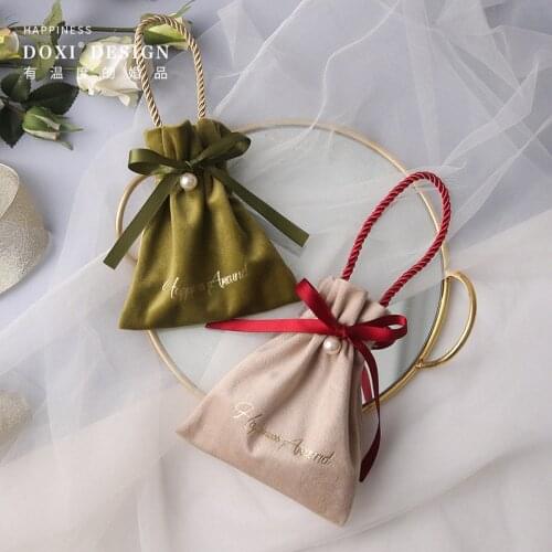 10pcs/lot portable yarn bag high-end wedding drawstring pocket with pearl Birthday Wedding Party Supplies free shipping