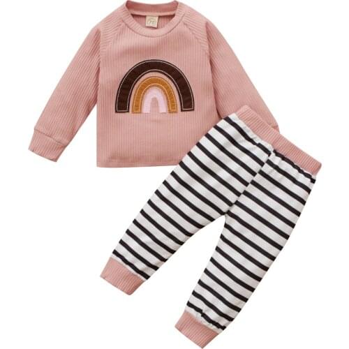 New 2 Pcs Infant Casual Outfits, Baby Rainbow Pattern Long Sleeve Round Neck Pullover + Color Block Striped Trousers