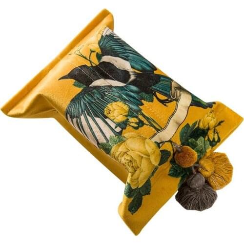 Vintage Bird Print Velvet Tissue Box Cover Holder Creative Soft Napkin Tissue Box With Tassel Home Office & Car (Gold) Luxury