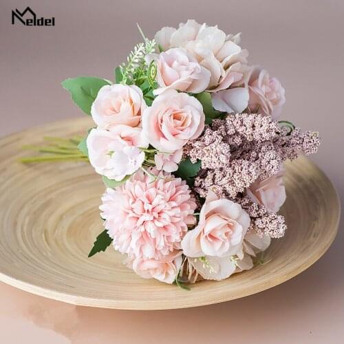 Meldel Bride Bouquet Flower Handmade Wedding Flower Bouquet Artificial Silk Rose Hydrangea Pompon Mum Flower Wedding Supplies
