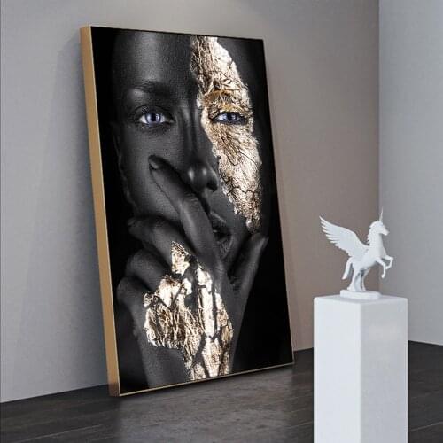 Black Woman Covered with Gold Foil Canvas Paintings On the Wall Art Posters And Prints African Makeup Woman Art Pictures Cuadros