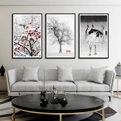 Winter Snow Scene Canvas Painting Tree Red-Crowned Crane Wall Art Home Decor Poster for Living Room Bedroom Decoration No Frame