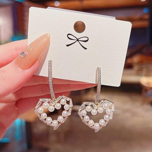 Korean New Fashion Metal Heart Zircon Drop Earrings for Women Girls Pearl Rhinestone Earrings Jewelry Gifts