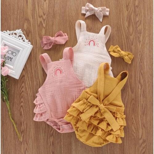 Baby Girls Summer Bodysuits Clothes Backless Cartoon Embroidery Strap Ruffle Bodysuits with Headband Outfits Set