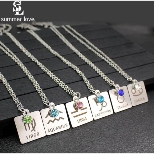 2020 New Stainless Steel 12 Zodiac Necklace for Women Crystal Birthstone Constellation Square Pendant Necklace Jewelry Gifts