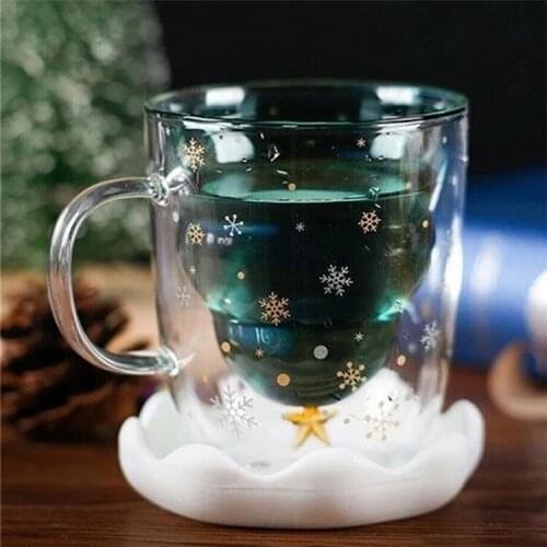 New Double Glass Christmas Tree Star Wish Cup Coffee Pot Juice Cup Creative High Temperature Glass Cup with Cover