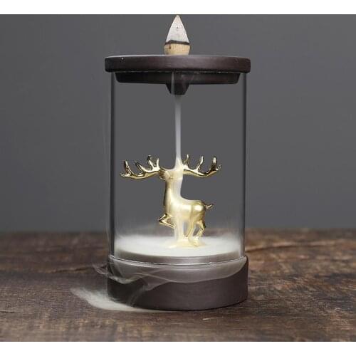 Smoke Waterfall Incense Sticks Holder 20 Pcs Cones Elk Backflow Incense Burner With Glass Cover Home Decor Porcelain Censer