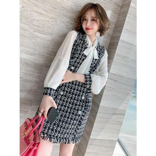 Bowknot shirt and tweed double-breasted tassel fake two-piece dress womens clothing 2020 autumn new